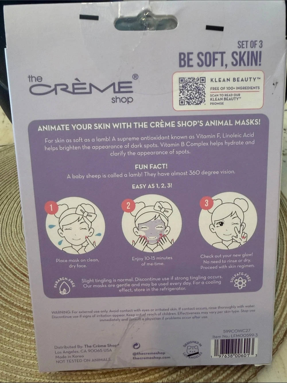 The Crème Shop Be Soft, Skin! Animated Lamb Face Mask - Sealed Box Set of 3